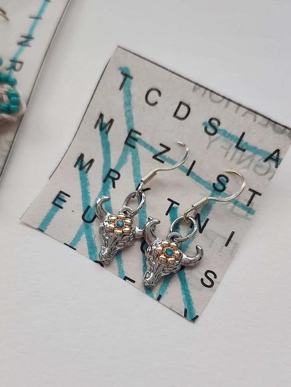 Handmade Beige Crochet Cross Earrings with Teal Beads - Kids Accessories